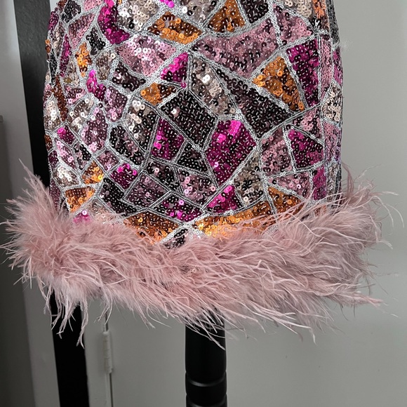 Multi Pink Sequin Geometric Print Mini Dress with Feather Trim - Picture 3 of 4
